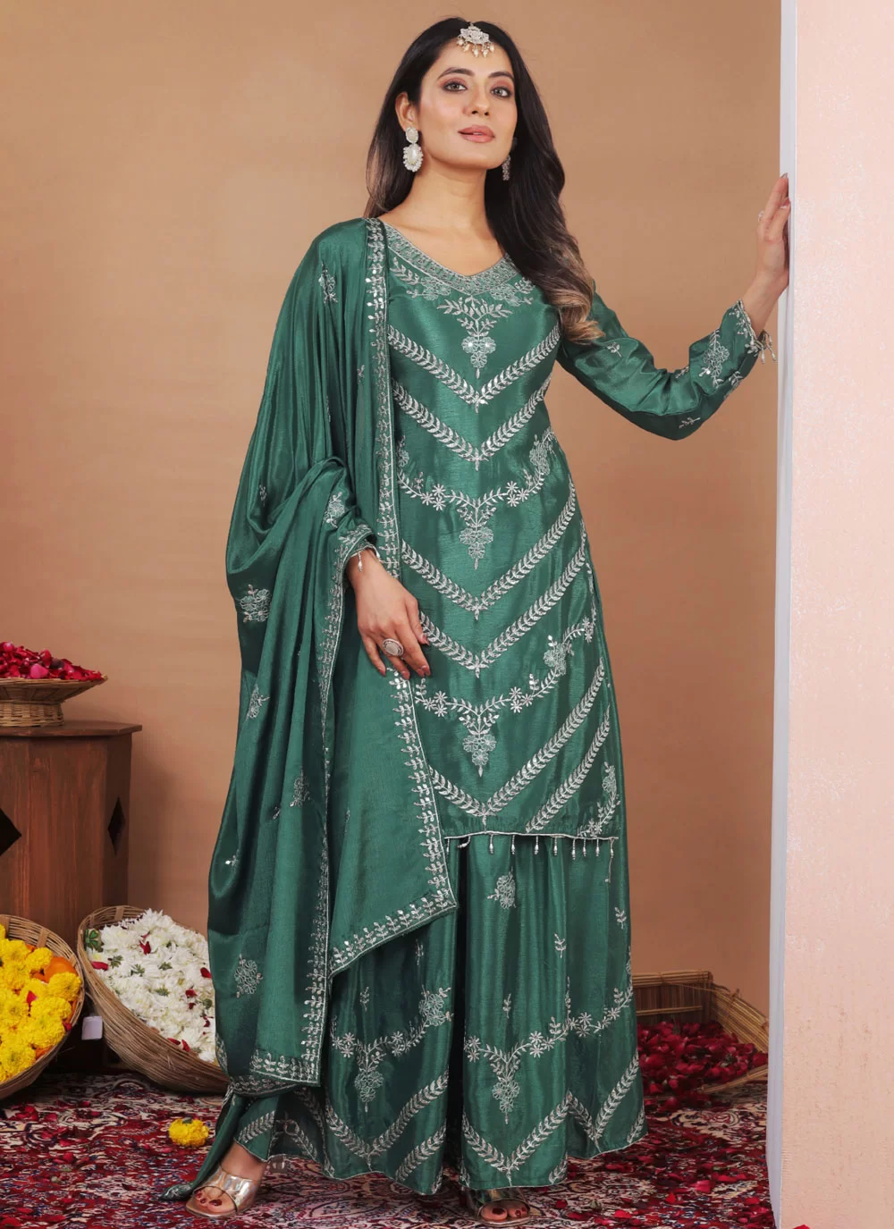 Fantastic Green Chinon Palazzo Salwar Suit